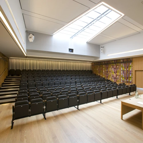 Auditorio moderno con filas de sillas negras en un entorno de madera clara. Un podio se encuentra al frente, con una mesa y sillas. Luz natural entra a través de un tragaluz en el techo.
