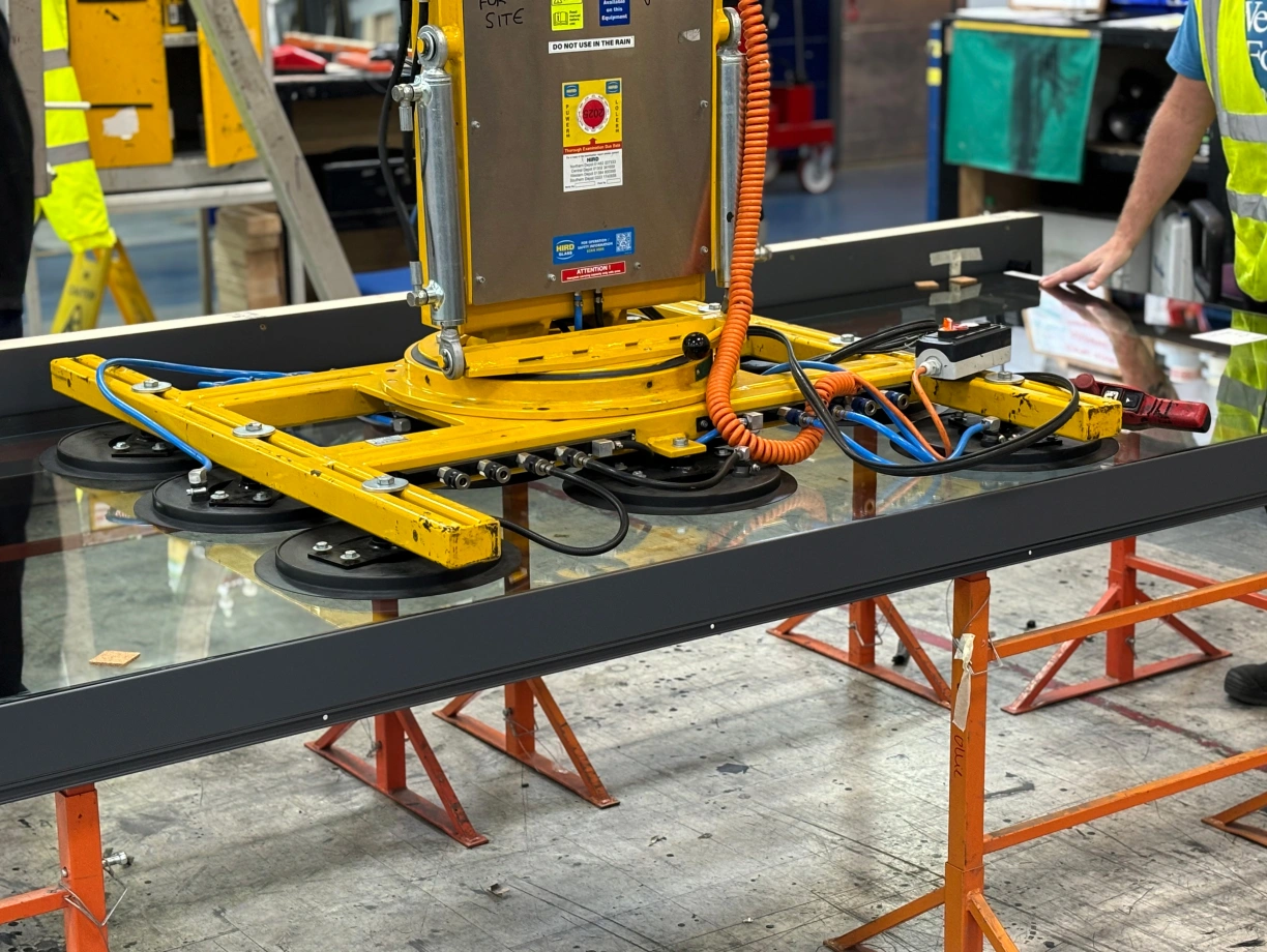 A large glass vacuum lifter is positioned on a glass panel, with yellow arms extending to hold it steady. The lifter is connected to a control panel and cables, and is resting on wooden sawhorses in a workshop setting.