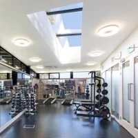 Salle de sport moderne avec équipements de musculation, miroirs et lumière naturelle provenant d'un puits de lumière. Des haltères sont rangés sur un support, et plusieurs machines d'entraînement sont visibles.