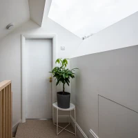 Bright hallway with a sloped ceiling, featuring a closed white door, a small potted plant on a round table, and wooden railing. Natural light filters in through a skylight.