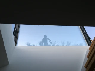 A person’s silhouette is visible through a skylight, surrounded by greenery against a clear blue sky.
