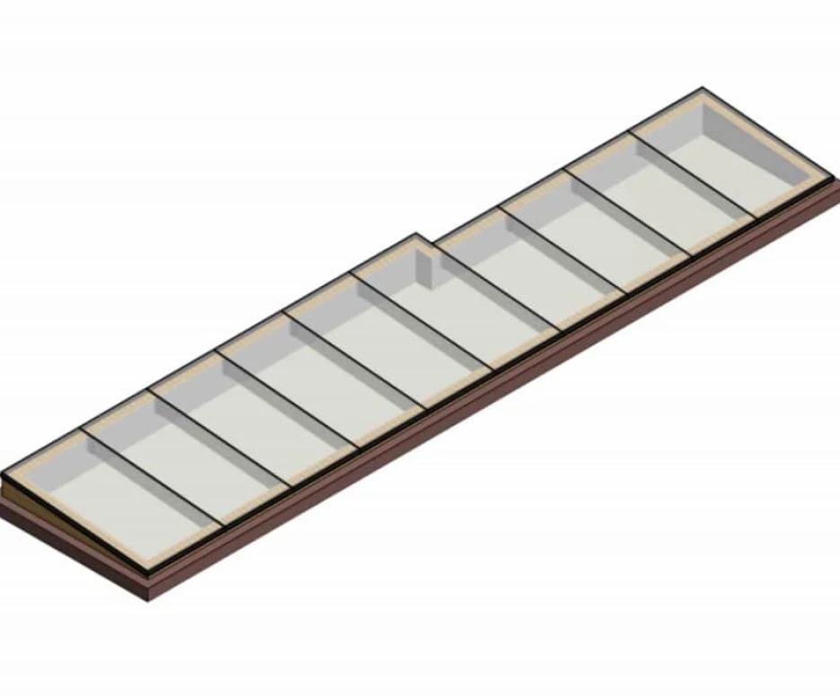 A long, rectangular display case with multiple compartments divided by glass panels, featuring a wooden base. The case is designed for showcasing items.