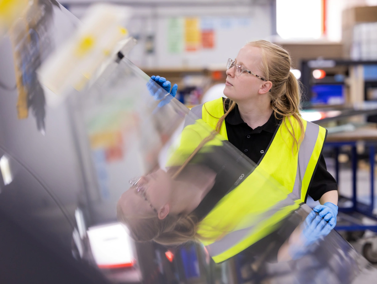 Eine Person mit Brille und gelber Warnweste untersucht sorgfältig ein transparentes Material in einer Fabrikumgebung. Reflexion des Materials ist sichtbar.