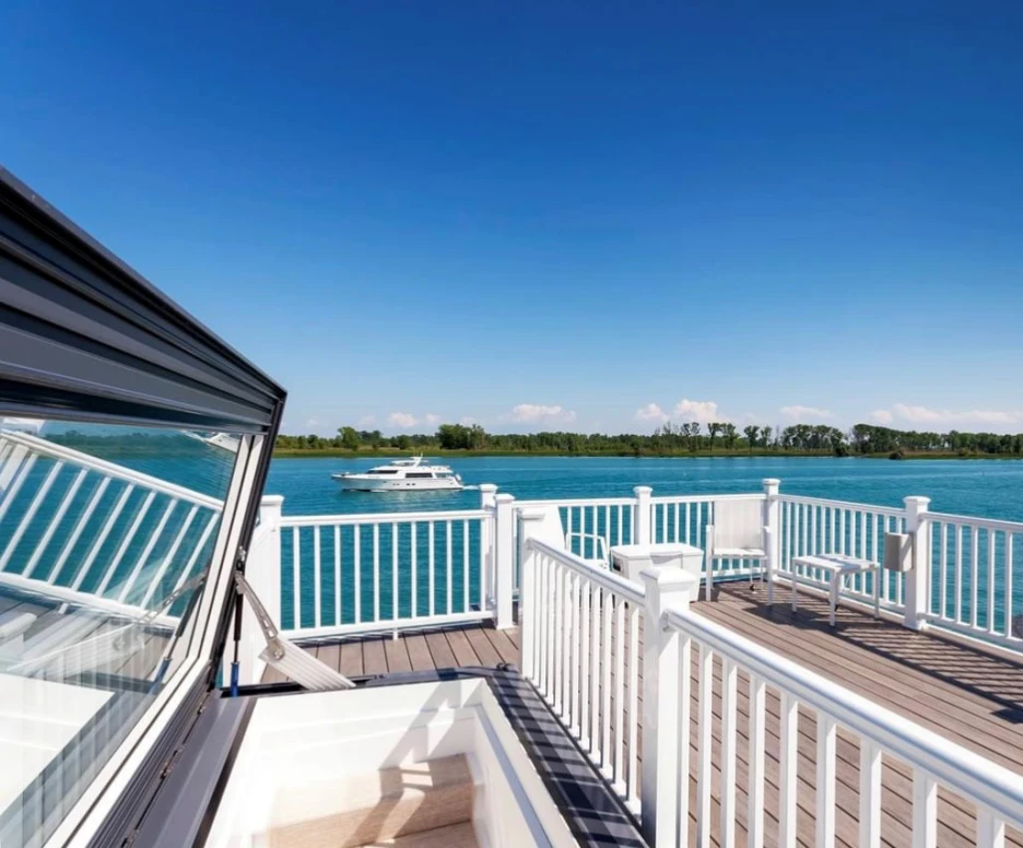A view from a deck with white railings overlooking a calm blue body of water, featuring a boat cruising in the distance and lush green trees lining the shore under a clear blue sky.