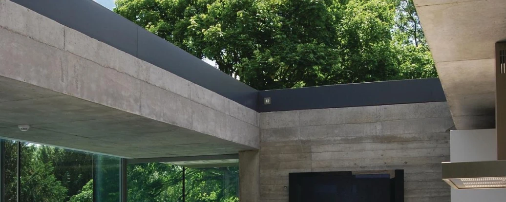 Cuisine moderne avec un grand plan de travail blanc, des armoires minimalistes et des fenêtres en verre laissant entrer la lumière naturelle. Un arbre verdoyant est visible à l’extérieur, créant une atmosphère harmonieuse avec l’espace.