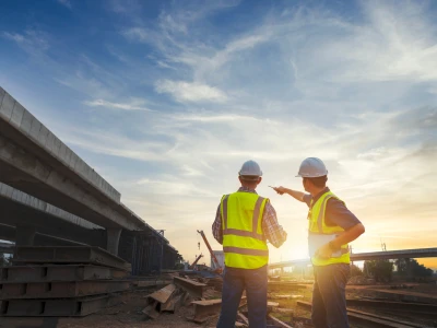Zwei Bauarbeiter in Sicherheitswesten und Helmen stehen auf einer Baustelle und schauen auf die Bauarbeiten. Die Sonne geht am Horizont unter und der Himmel ist teilweise bewölkt.