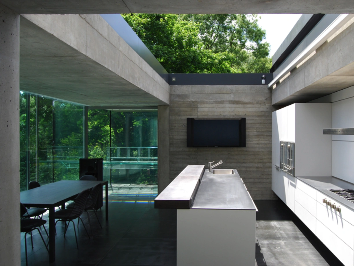 A modern kitchen features concrete walls, a sleek stainless steel island, and large windows overlooking green trees. A dining table with chairs is visible in the background, and a wall-mounted television is positioned nearby.