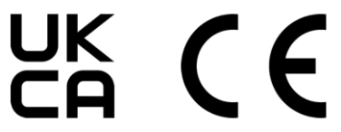 Das Bild zeigt bekannte Logos: das UKCA-Logo und das CE-Kennzeichen, die beide oft zur Kennzeichnung von Produkteinhaltungen verwendet werden.